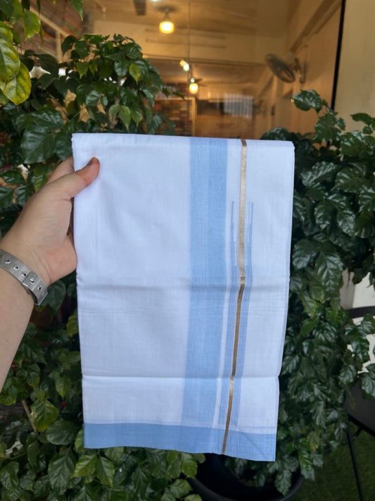20% Discount ! Kaitharikada Balaramapuram 100% Pure Cotton Double Pure White Mundu/Dhoti - 100x80 - 1.5 inch Silver Kasav Light Blue shaded striped chutty 3.90 mtr (8.5 muzham) - 49 KK5287 PMC