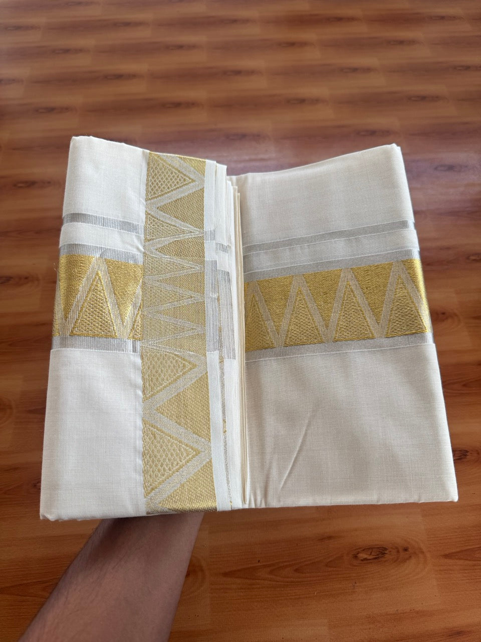 25% Discount ! Kaitharikada Handloom Unakkupaav - Kerala Handloom - 100% Pure Cotton Off White - (Unbleached) Double Mundu/Dhoti - 100x80 - 2.75 inch Gold Kasav & Silver Kasav Jacquard Design Kara 4 mtr (8.5 Muzham) - 7 KK5503 SOM