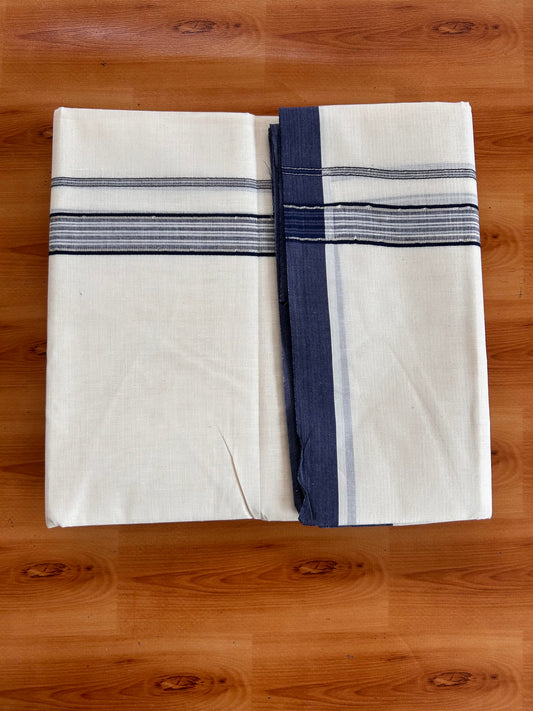 Double Off White (Unbleached) Mundu/Dhoti - 20% Discount! Kaitharikada 100% Pure Cotton - 100x80 - 1 inch Silver Kasav & Navy Blue striped shaded Kara 4 mtr (8.5 muzham) - 7 KK5540 PMC