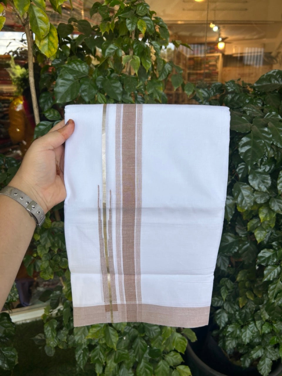 20% Discount ! Kaitharikada Balaramapuram 100% Pure Cotton Double Pure White Mundu/Dhoti - 100x80 - 1.5 inch Silver Kasav Brown shaded striped chutty 3.90 mtr (8.5 muzham) - 67 KK5287 PMC
