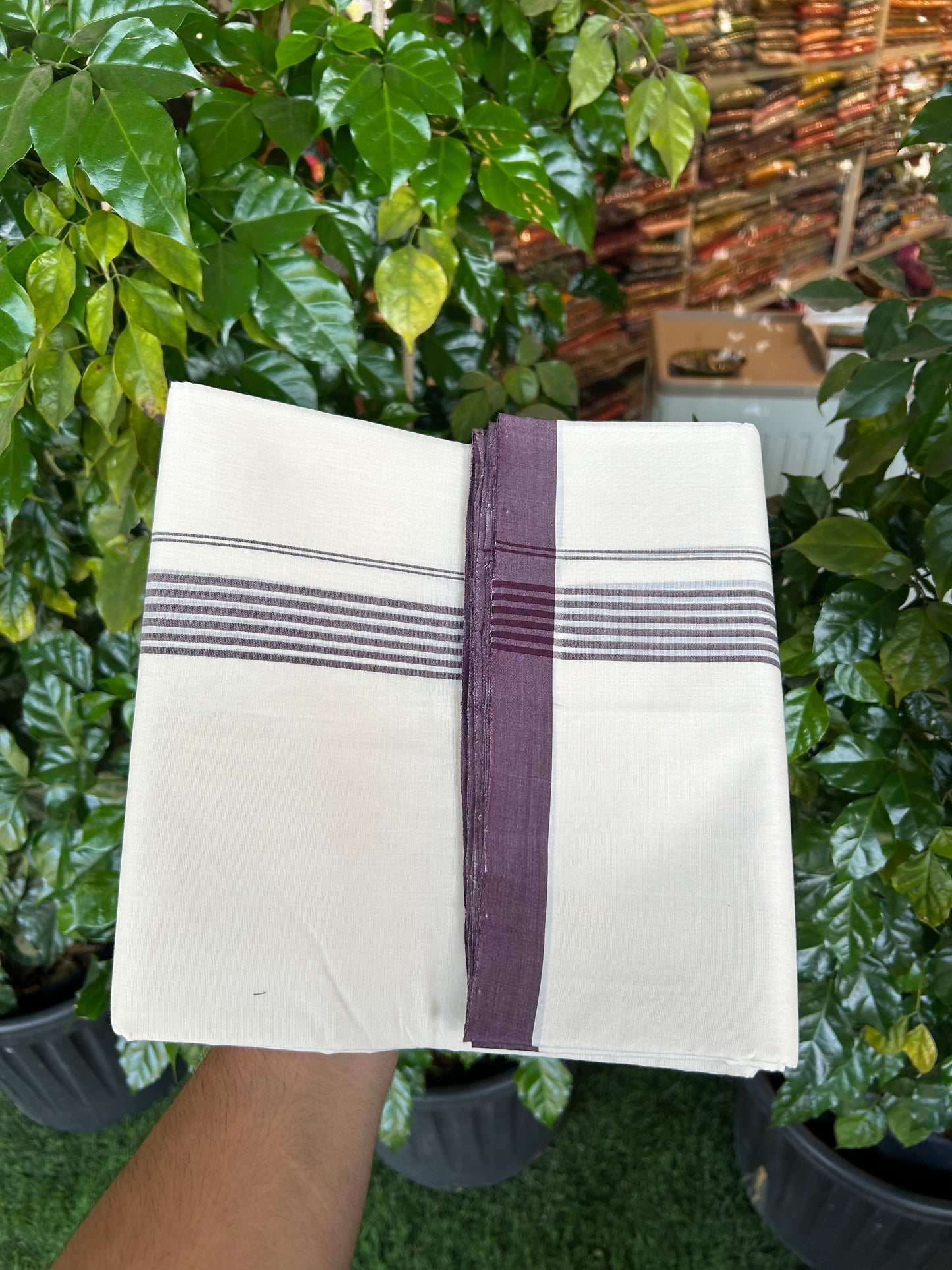 25% Discount!! KaithariKada Handloom Unakkupaav - Kerala Handloom - 100% Pure Cotton Off White - (Unbleached) Double Mundu/Dothi - 100x80 - 1.25 inch Wine Purple Striped Kara 4 mtr (8.5 muzham) - 58 KK5353 REA