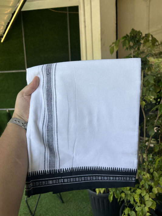 Premium Kathar Type Mercerised Pure Cotton Single Mundu Kaitharikada Special - Kaily / Lungi - 60s - 1.75 inch Black Striped kara with White colour Body Kuppadam Border 2.25 mtr (4.82 muzham) - 9 KK5323 KUT