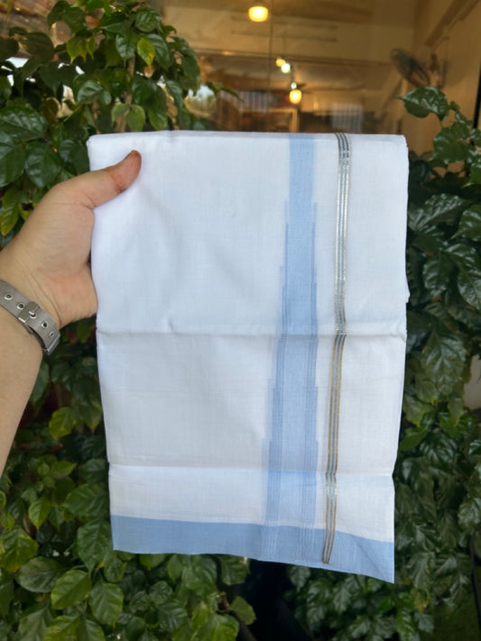 20% Discount ! Kaitharikada Balaramapuram 100% Pure Cotton Double Pure White Mundu/Dhoti - 100x80 - 1.5 inch Silver Kasav Light Blue striped temple chutty 3.90 mtr (8.5 muzham) - 43 KK5287 PMC