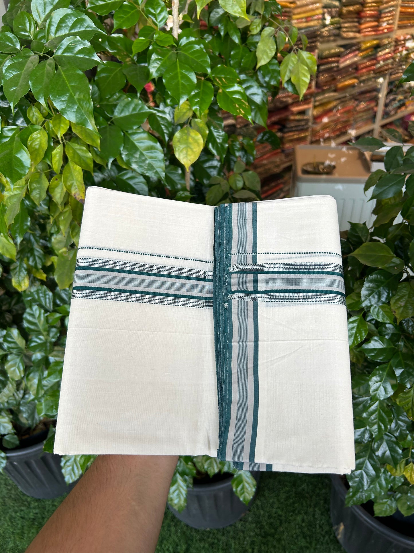 25% Discount!! KaithariKada Handloom Unakkupaav - Kerala Handloom - 100% Pure Cotton Off White - (Unbleached) Double Mundu/Dothi - 100x80 - 1.5 inch Silver Kasav Beige & Green Striped Kara 4 mtr (8.5 muzham) - 59 KK5353 REA