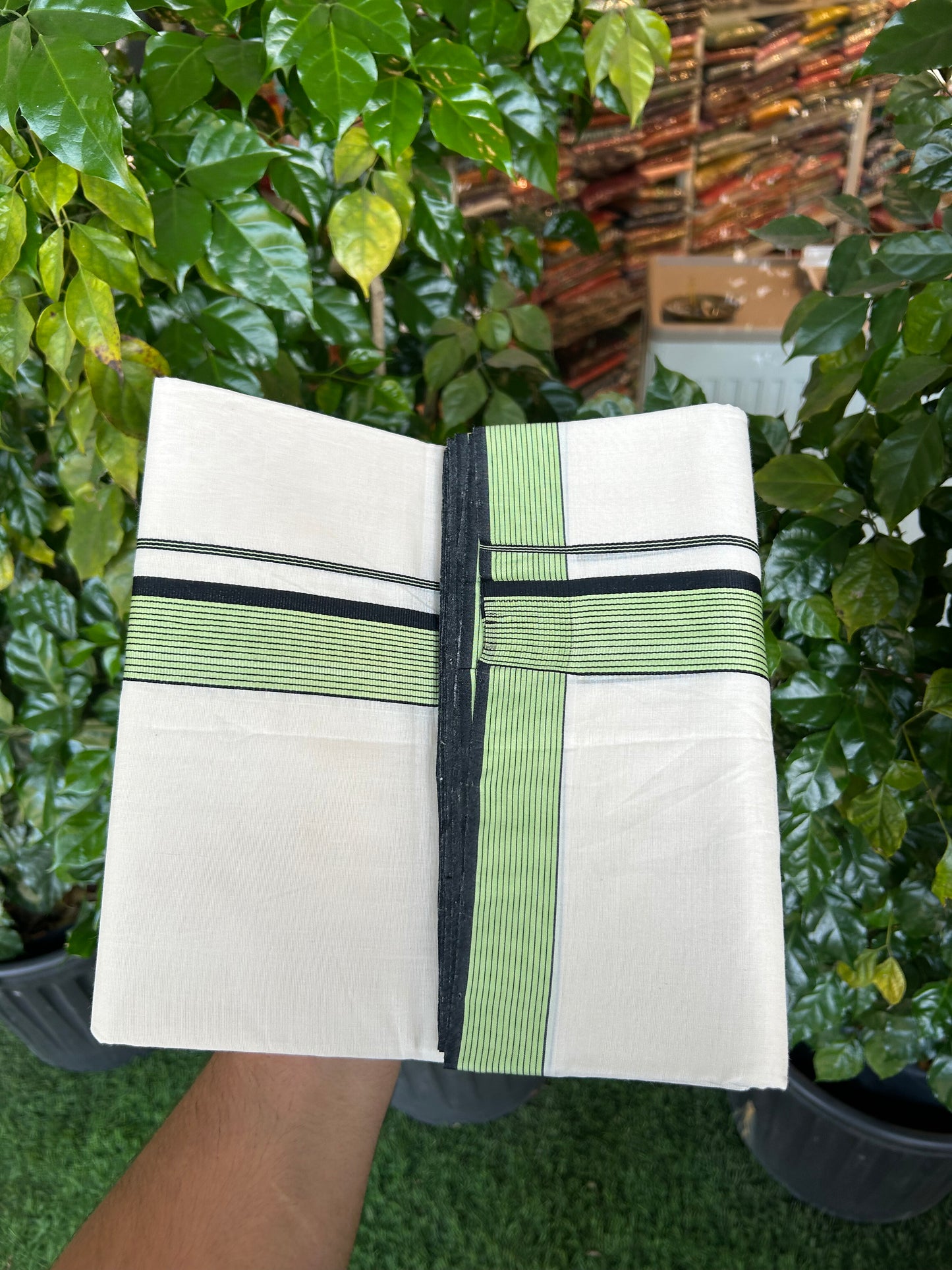 25% Discount!! KaithariKada Handloom Unakkupaav - Kerala Handloom - 100% Pure Cotton Off White - (Unbleached) Double Mundu/Dothi - 100x80 - 1.5 inch Black & Light Green Kara 4 mtr (8.5 muzham) - 65 KK5353 REA
