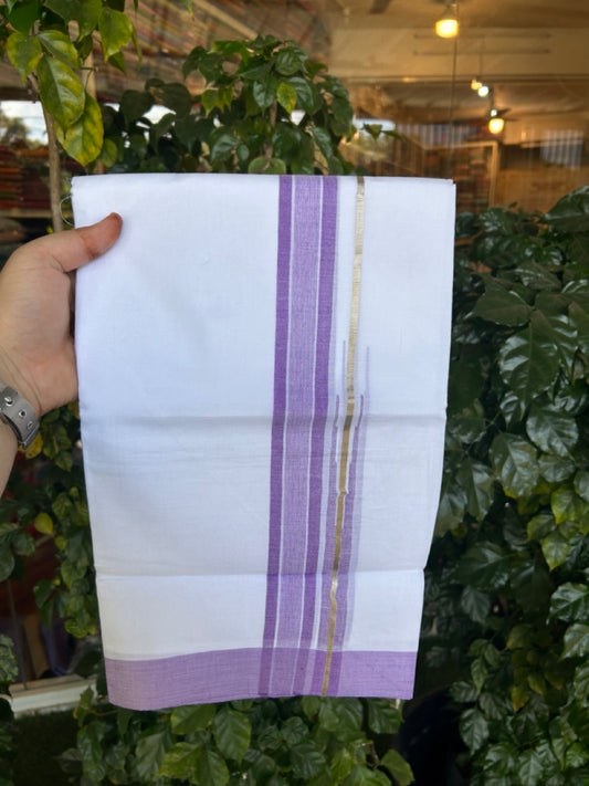 20% Discount ! Kaitharikada Balaramapuram 100% Pure Cotton Double Pure White Mundu/Dhoti - 100x80 - 1.5 inch Silver Kasav Violet Shaded Stripes Chutty Kara 3.90 mtr (8.5 muzham) - 41 KK5287 PMC