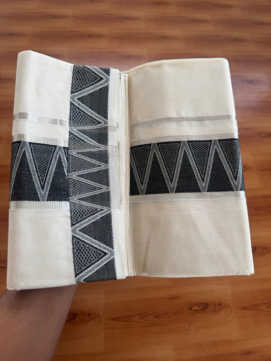 25% Discount ! Kaitharikada Handloom Unakkupaav - Kerala Handloom - 100% Pure Cotton Off White - (Unbleached) Double Mundu/Dhoti - 100x80 - 3 inch Silver Kasav & Black Jacquard Design Kara 4 mtr (8.5 Muzham) - 2 KK5503 SOM