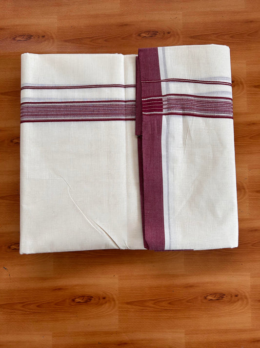Double Off White (Unbleached) Mundu/Dhoti - 20% Discount! Kaitharikada 100% Pure Cotton - 100x80 - 1 inch Silver Kasav & Maroon striped shaded Kara 4 mtr (8.5 muzham) - 8 KK5540 PMC