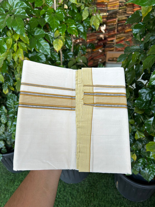 25% Discount!! KaithariKada Handloom Unakkupaav - Kerala Handloom - 100% Pure Cotton Off White - (Unbleached) Double Mundu/Dothi - 100x80 - 1.5 inch Silver Kasav Dark Mustard & Black Striped Kara 4 mtr (8.5 muzham) - 55 KK5353 REA