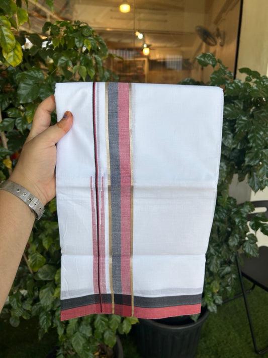 20% Discount ! Kaitharikada Balaramapuram 100% Pure Cotton Double Pure White Mundu/Dhoti - 100x80 - 1.5 inch Silver Kasav Black & Maroon Shaded Stripes Chutty Kara 3.90 mtr (8.5 muzham) - 39 KK5287 PMC