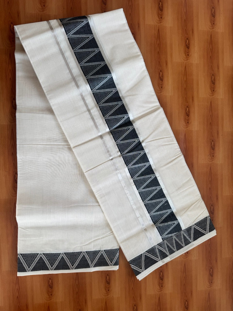 25% Discount ! Kaitharikada Handloom Unakkupaav - Kerala Handloom - 100% Pure Cotton Off White - (Unbleached) Double Mundu/Dhoti - 100x80 - 3 inch Silver Kasav & Black Jacquard Design Kara 4 mtr (8.5 Muzham) - 2 KK5503 SOM