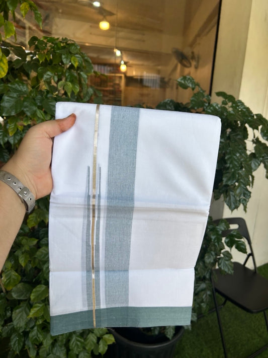 20% Discount ! Kaitharikada Balaramapuram 100% Pure Cotton Double Pure White Mundu/Dhoti - 100x80 - 1.5 inch Silver Kasav Pastel Teal Blue Shaded Stripes Chutty Kara 3.90 mtr (8.5 muzham) - 40 KK5287 PMC