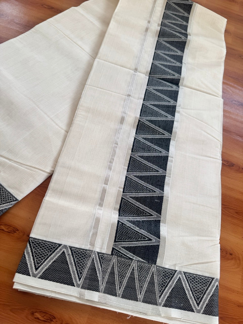 25% Discount ! Kaitharikada Handloom Unakkupaav - Kerala Handloom - 100% Pure Cotton Off White - (Unbleached) Double Mundu/Dhoti - 100x80 - 3 inch Silver Kasav & Black Jacquard Design Kara 4 mtr (8.5 Muzham) - 2 KK5503 SOM