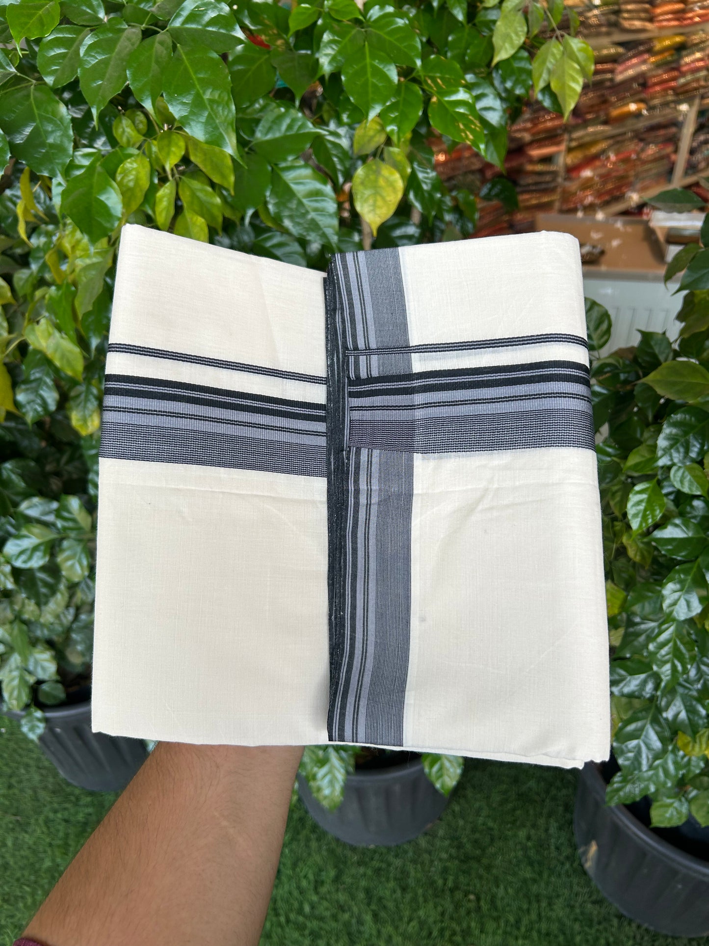 25% Discount!! KaithariKada Handloom Unakkupaav - Kerala Handloom - 100% Pure Cotton Off White - (Unbleached) Double Mundu/Dothi - 100x80 - 1.5 inch Ash & Black Striped Kara 4 mtr (8.5 muzham) - 60 KK5353 REA