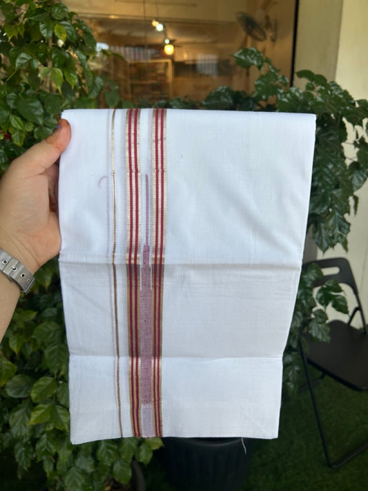20% Discount ! Kaitharikada Balaramapuram 100% Pure Cotton Double Pure White Mundu/Dhoti - 100x80 - 1.5 inch Silver Kasav Maroon Red striped temple chutty 3.90 mtr (8.5 muzham) - 69 KK5287 PMC