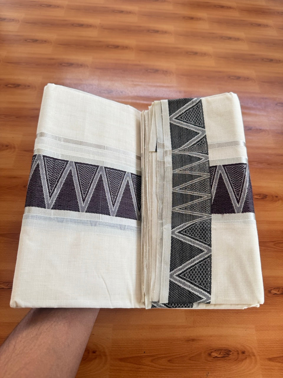 25% Discount ! Kaitharikada Handloom Unakkupaav - Kerala Handloom - 100% Pure Cotton Off White - (Unbleached) Double Mundu/Dhoti - 100x80 - 3 inch Silver Kasav & Coffee Brown Jacquard Design Kara 4 mtr (8.5 Muzham) - 1 KK5503 SOM