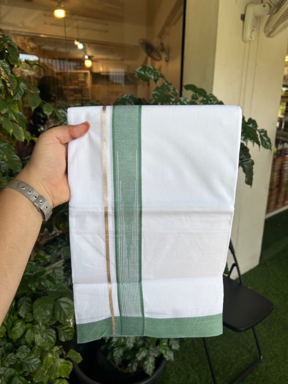 20% Discount ! Kaitharikada Balaramapuram 100% Pure Cotton Double Pure White Mundu/Dhoti - 100x80 - 1.5 inch Silver Kasav Green shaded white striped chutty 3.90 mtr (8.5 muzham) - 44 KK5287 PMC