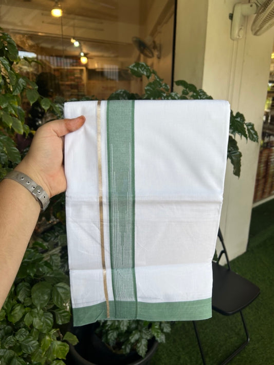 20% Discount ! Kaitharikada Balaramapuram 100% Pure Cotton Double Pure White Mundu/Dhoti - 100x80 - 1.5 inch Silver Kasav Green shaded white striped chutty 3.90 mtr (8.5 muzham) - 44 KK5287 PMC