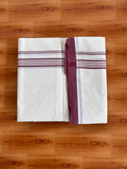Double Off White (Unbleached) Mundu/Dhoti - 20% Discount! Kaitharikada 100% Pure Cotton - 100x80 - 1 inch Silver Kasav & Maroon striped shaded Kara 4 mtr (8.5 muzham) - 9 KK5540 PMC