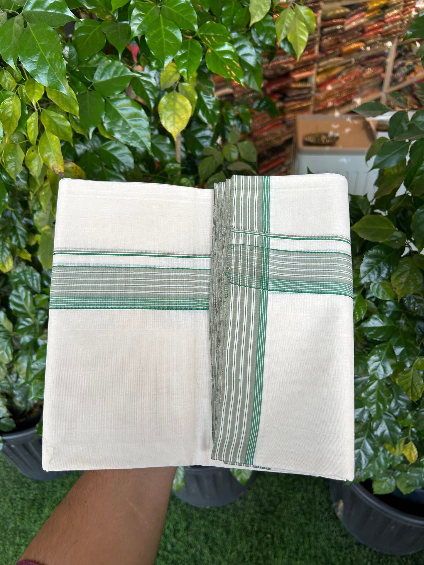 25% Discount!! KaithariKada Handloom Unakkupaav - Kerala Handloom - 100% Pure Cotton Off White - (Unbleached) Double Mundu/Dothi - 100x80 - 1.5 inch Sand & Green Striped Kara 4 mtr (8.5 muzham) - 63 KK5353 REA