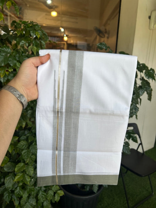 20% Discount ! Kaitharikada Balaramapuram 100% Pure Cotton Double Pure White Mundu/Dhoti - 100x80 - 1.5 inch Silver Kasav Moss Green striped chutty 3.90 mtr (8.5 muzham) - 86 KK5287 PMC