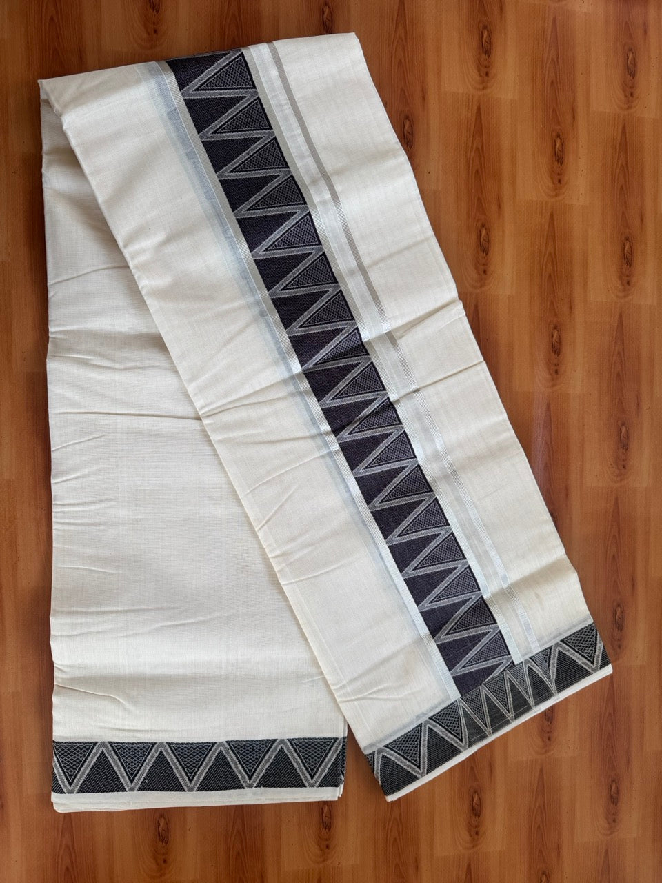 25% Discount ! Kaitharikada Handloom Unakkupaav - Kerala Handloom - 100% Pure Cotton Off White - (Unbleached) Double Mundu/Dhoti - 100x80 - 3 inch Silver Kasav & Coffee Brown Jacquard Design Kara 4 mtr (8.5 Muzham) - 1 KK5503 SOM