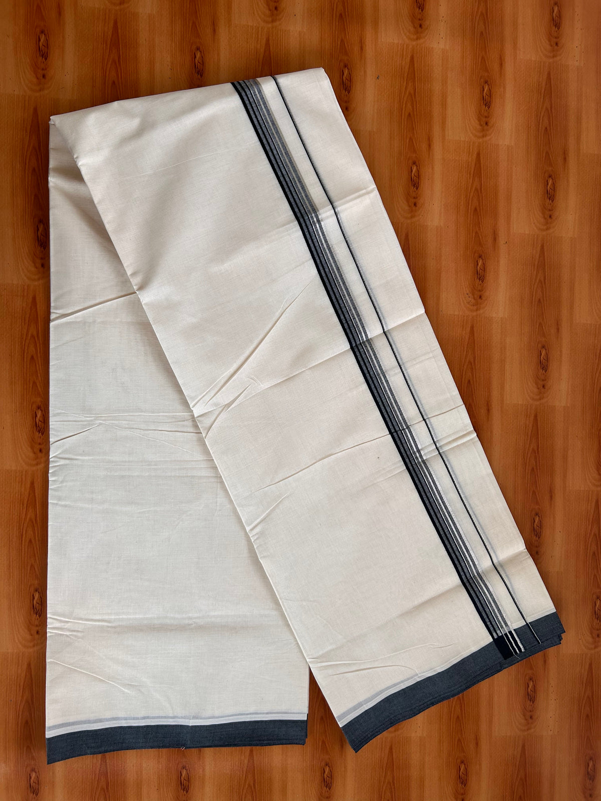 Double Off White (Unbleached) Mundu/Dhoti - 20% Discount! Kaitharikada 100% Pure Cotton - 100x80 - 1 inch Silver Kasav & Black striped shaded Kara 4 mtr (8.5 muzham) - 10 KK5540 PMC