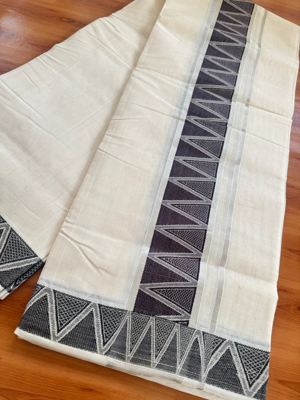 25% Discount ! Kaitharikada Handloom Unakkupaav - Kerala Handloom - 100% Pure Cotton Off White - (Unbleached) Double Mundu/Dhoti - 100x80 - 3 inch Silver Kasav & Coffee Brown Jacquard Design Kara 4 mtr (8.5 Muzham) - 1 KK5503 SOM
