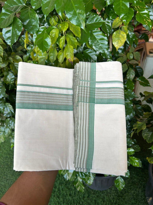 25% Discount!! KaithariKada Handloom Unakkupaav - Kerala Handloom - 100% Pure Cotton Off White - (Unbleached) Double Mundu/Dothi - 100x80 - 1.75 inch Green & Light Sage Green Striped Kara 4 mtr (8.5 muzham) - 52 KK5353 REA