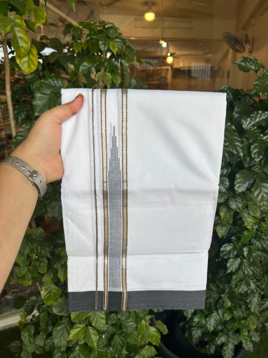 20% Discount ! Kaitharikada Balaramapuram 100% Pure Cotton Double Pure White Mundu/Dhoti - 100x80 - 1.5 inch Silver Kasav Black striped temple chutty 3.90 mtr (8.5 muzham) - 42 KK5287 PMC