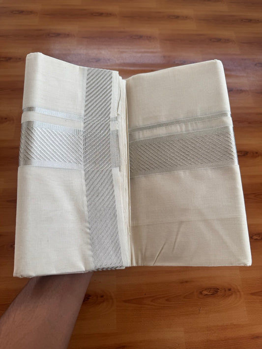 25% Discount ! Kaitharikada Handloom Unakkupaav - Kerala Handloom - 100% Pure Cotton Off White - (Unbleached) Double Mundu/Dhoti - 100x80 - 2 inch Silver Kasav Jacquard Design Kara 4 mtr (8.5 Muzham) - 10 KK5503 SOM