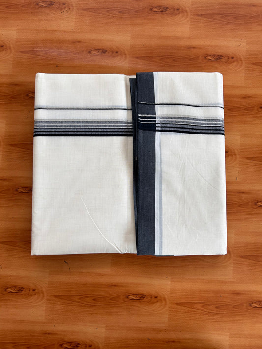 Double Off White (Unbleached) Mundu/Dhoti - 20% Discount! Kaitharikada 100% Pure Cotton - 100x80 - 1 inch Silver Kasav & Black striped shaded Kara 4 mtr (8.5 muzham) - 10 KK5540 PMC