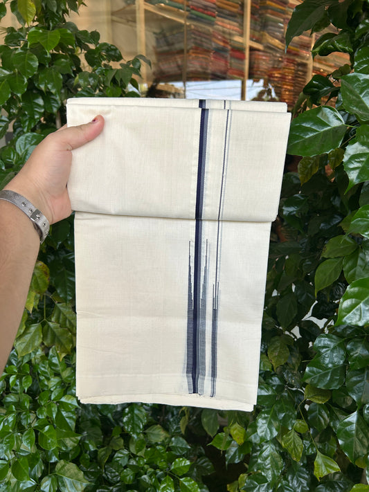 25% Discount!! KaithariKada Handloom Unakkupaav - Kerala Handloom - 100% Pure Cotton Off White - (Unbleached) Double Mundu/Dothi - 100x80 - 0.75 inch Puliyilakkara Ash Blue &  Navy Blue Chutty Kara 4 mtr (8.5 muzham) - 51 KK5353 REA