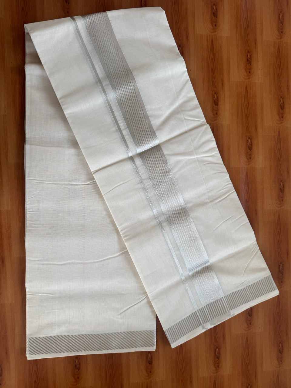 25% Discount ! Kaitharikada Handloom Unakkupaav - Kerala Handloom - 100% Pure Cotton Off White - (Unbleached) Double Mundu/Dhoti - 100x80 - 2 inch Silver Kasav Jacquard Design Kara 4 mtr (8.5 Muzham) - 10 KK5503 SOM