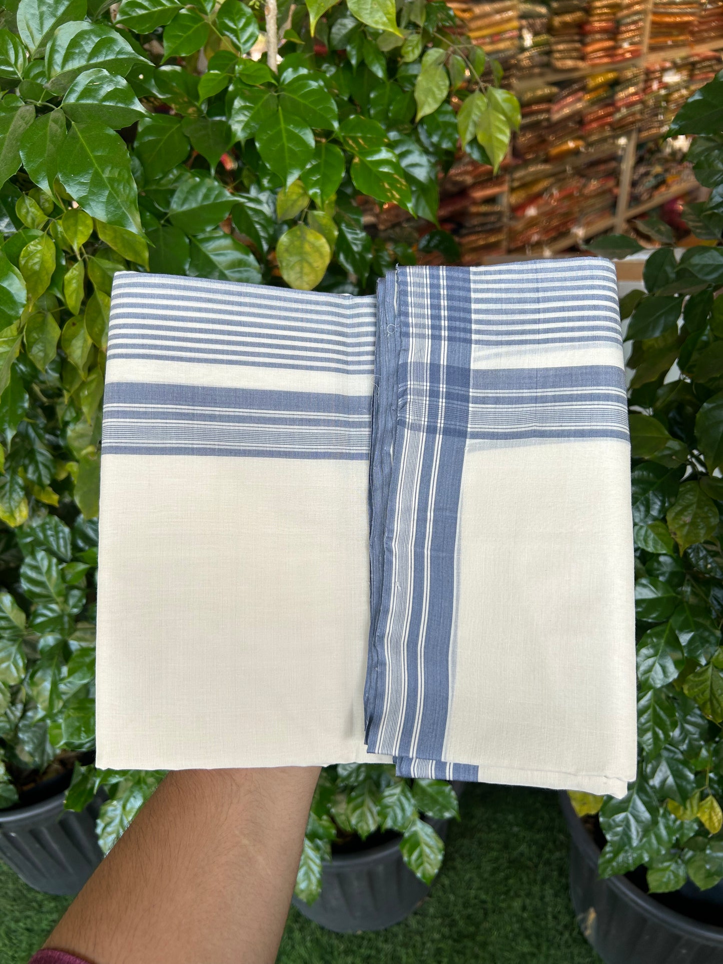 25% Discount!! KaithariKada Handloom Unakkupaav - Kerala Handloom - 100% Pure Cotton Off White - (Unbleached) Double Mundu/Dothi - 100x80 - 6.25 inch Ash Blue Side Striped Kara 4 mtr (8.5 muzham) - 57 KK5353 REA