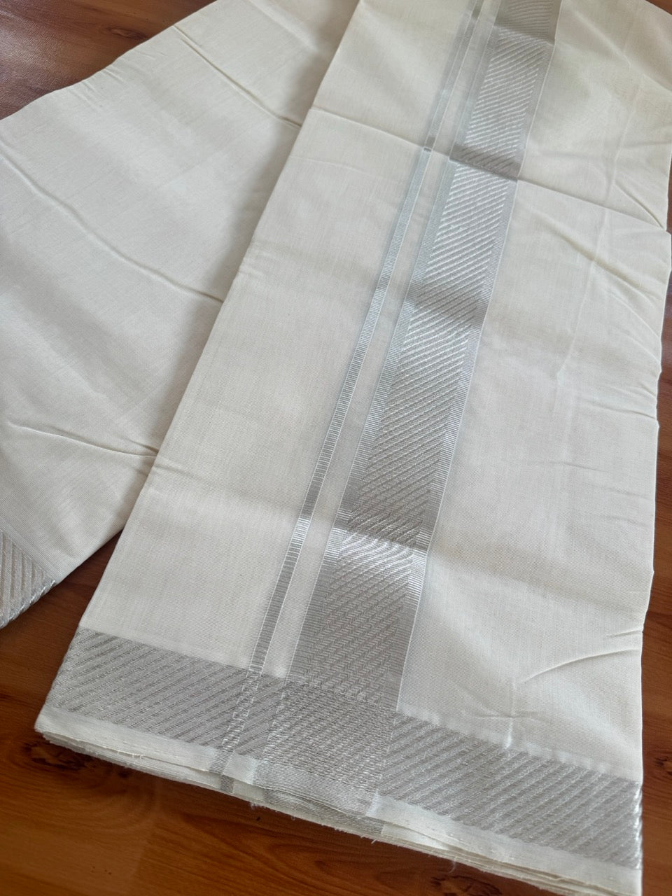 25% Discount ! Kaitharikada Handloom Unakkupaav - Kerala Handloom - 100% Pure Cotton Off White - (Unbleached) Double Mundu/Dhoti - 100x80 - 2 inch Silver Kasav Jacquard Design Kara 4 mtr (8.5 Muzham) - 10 KK5503 SOM