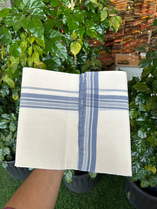 25% Discount!! KaithariKada Handloom Unakkupaav - Kerala Handloom - 100% Pure Cotton Off White - (Unbleached) Double Mundu/Dothi - 100x80 - 1.5 inch Ash Blue Striped Kara 4 mtr (8.5 muzham) - 53 KK5353 REA