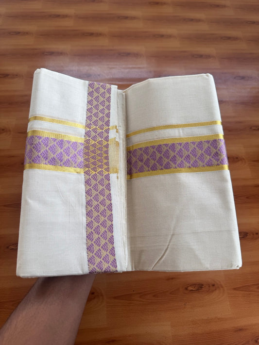 25% Discount ! Kaitharikada Handloom Unakkupaav - Kerala Handloom - 100% Pure Cotton Off White - (Unbleached) Double Mundu/Dhoti - 100x80 - 2 inch Gold Kasav & Lavender Jacquard Design Kara 4 mtr (8.5 Muzham) - 6 KK5503 SOM