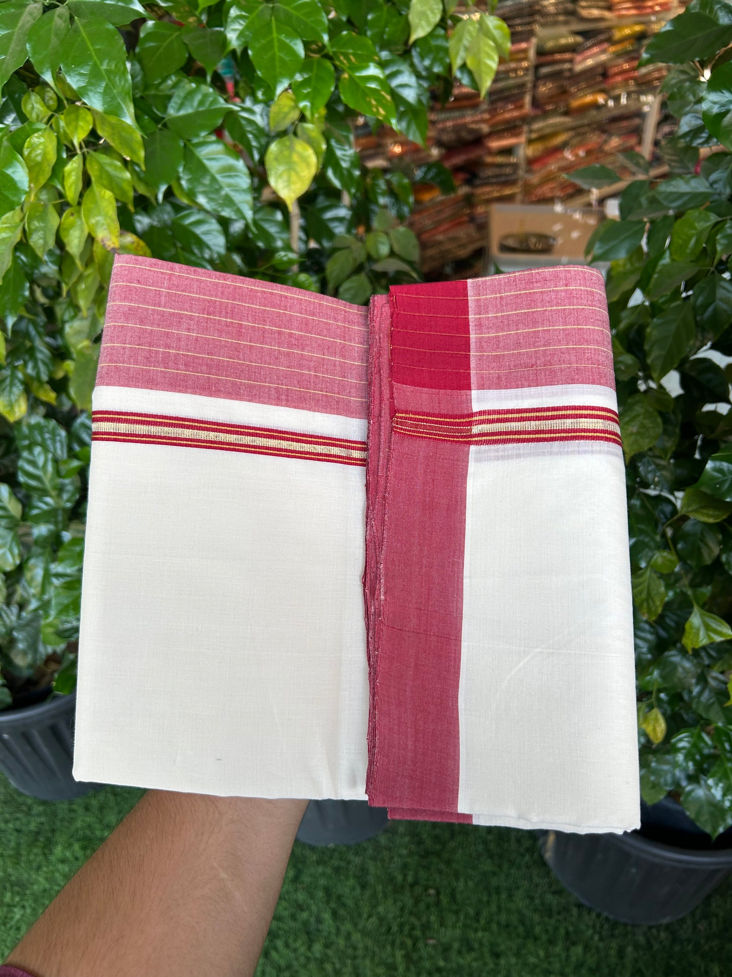 25% Discount!! KaithariKada Handloom Unakkupaav - Kerala Handloom - 100% Pure Cotton Off White (Unbleached) Double Mundu/Dothi - 100x80 - 5.5 inch Pure Jerry Gold Kasav & Maroon Stripes Kara 4 mtr (8.5 muzham) - 62 KK5353 REA