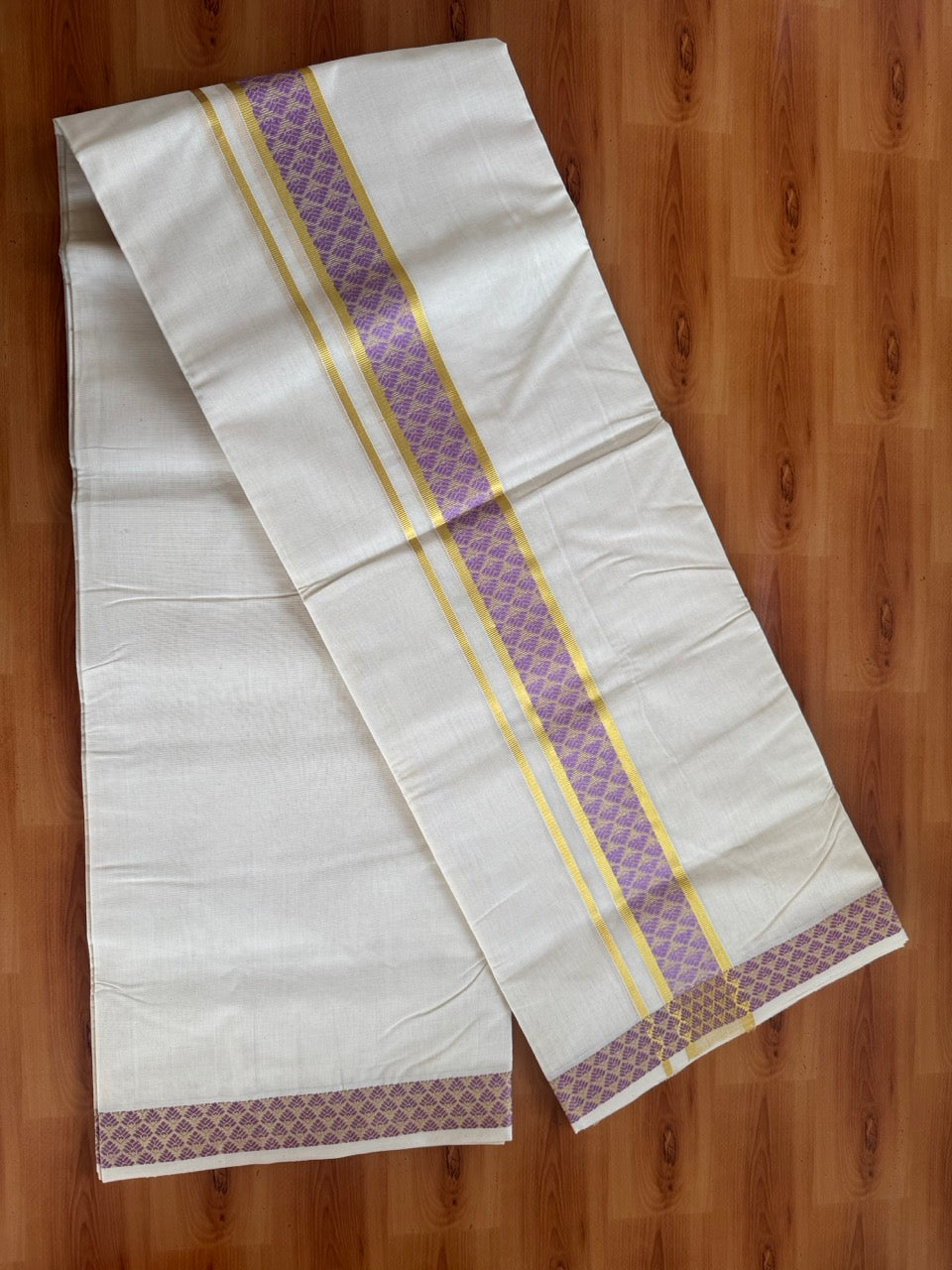 25% Discount ! Kaitharikada Handloom Unakkupaav - Kerala Handloom - 100% Pure Cotton Off White - (Unbleached) Double Mundu/Dhoti - 100x80 - 2 inch Gold Kasav & Lavender Jacquard Design Kara 4 mtr (8.5 Muzham) - 6 KK5503 SOM