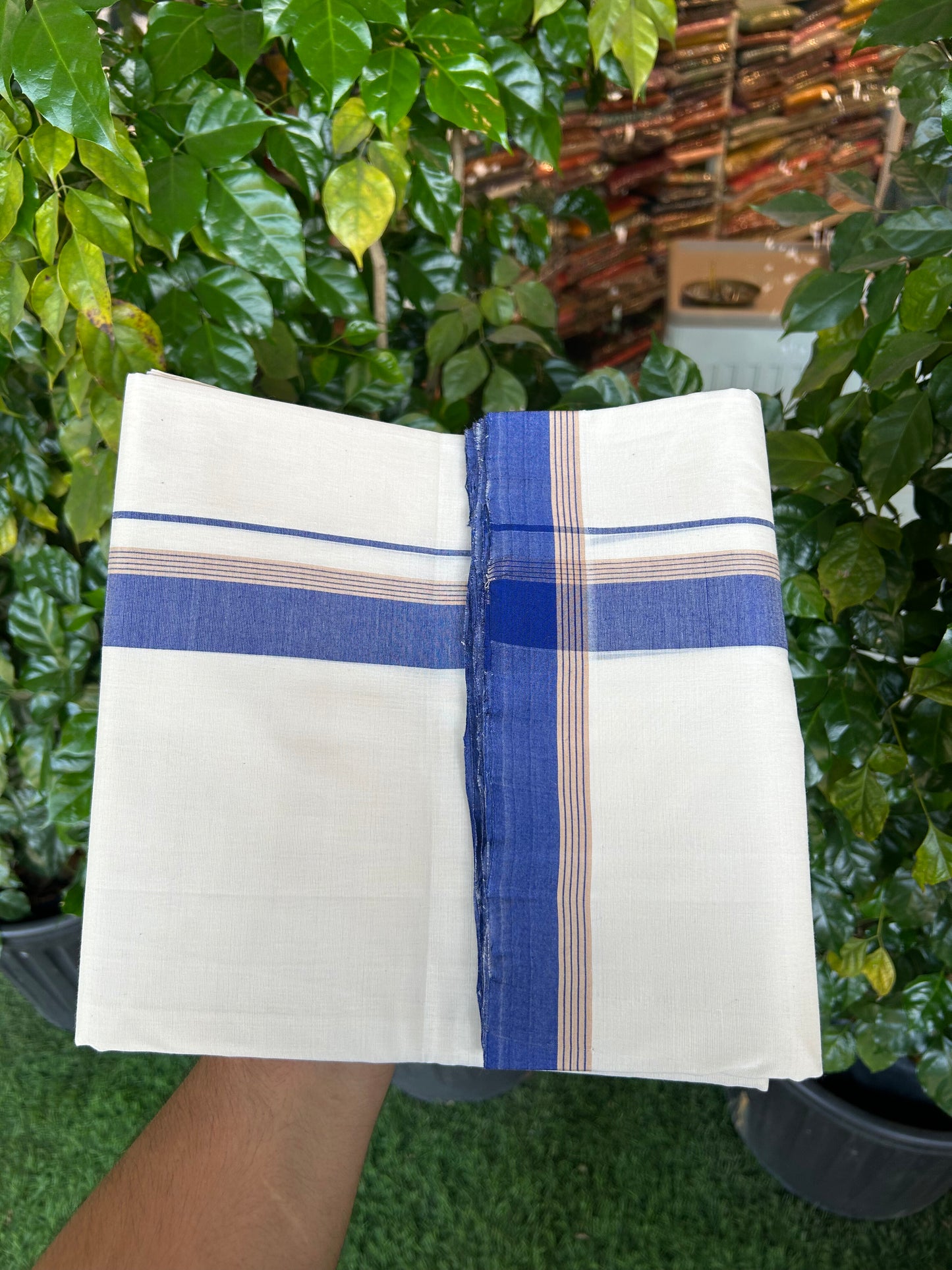 25% Discount!! KaithariKada Handloom Unakkupaav - Kerala Handloom - 100% Pure Cotton Off White - (Unbleached) Double Mundu/Dothi - 100x80 - 1.5 inch Light Brown & Blue Kara 4 mtr (8.5 muzham) - 66 KK5353 REA