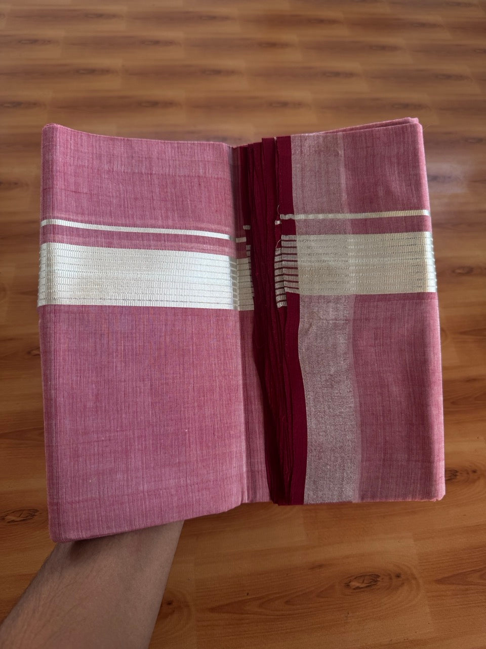 Double Mundu/Dhoti - KaithariKada Handloom Unakkupaav - 25% Discount! Kerala Handloom - Pure Cotton - 100x80 - Maroon Shaded Colour Body - 1.5 inch Silver Kasav Striped Kara - 11 KK5503 SOM