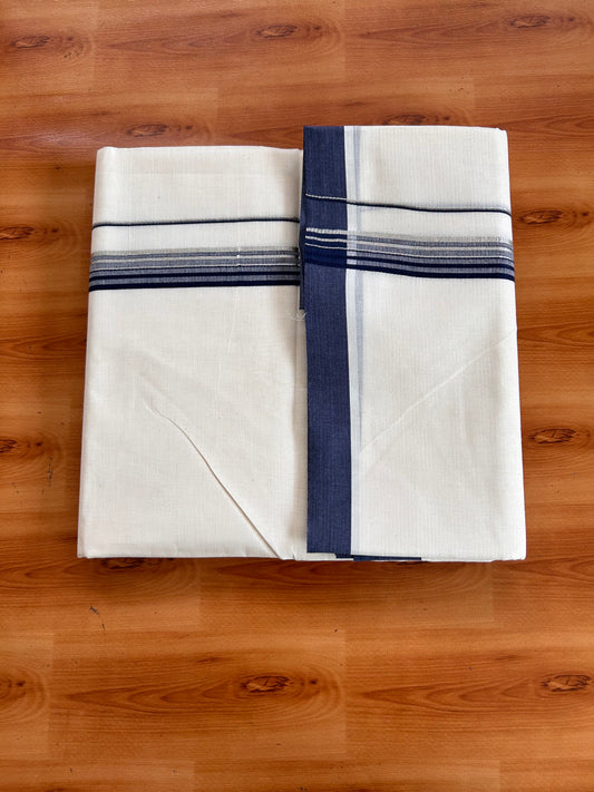 Double Off White (Unbleached) Mundu/Dhoti - 20% Discount! Kaitharikada 100% Pure Cotton - 100x80 - 1 inch Silver Kasav & Navy Blue striped shaded Kara 4 mtr (8.5 muzham) - 11 KK5540 PMC