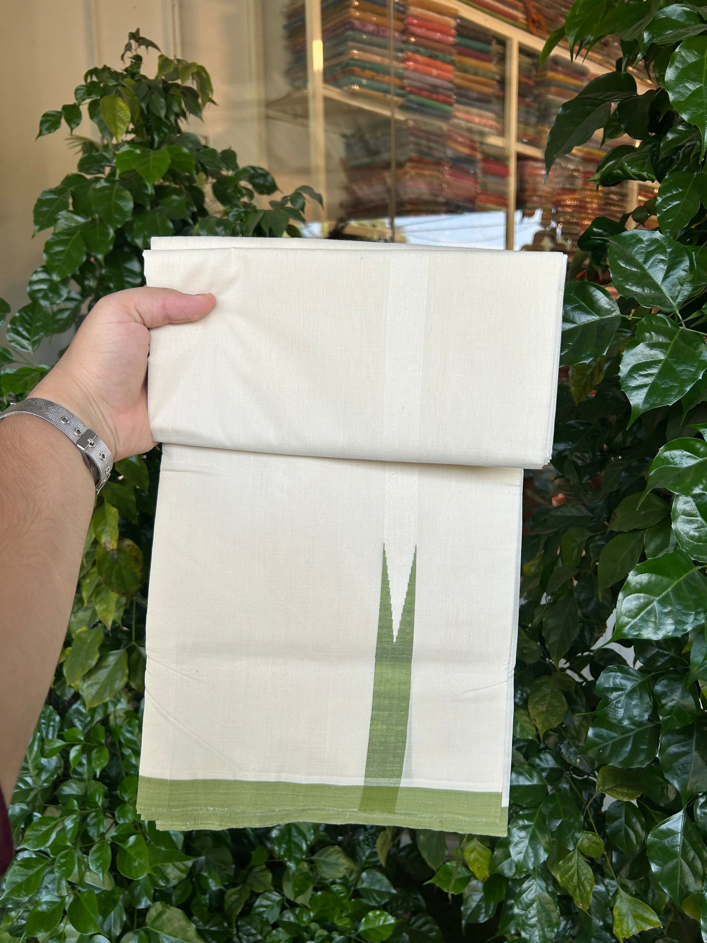 25% Discount!! KaithariKada Handloom Unakkupaav - Kerala Handloom - 100% Pure Cotton Off White - (Unbleached) Double Mundu/Dothi - 100x80 - 1 inch Puliyilakkara Green Chutty Kara 4 mtr (8.5 muzham) - 48 KK5353 REA