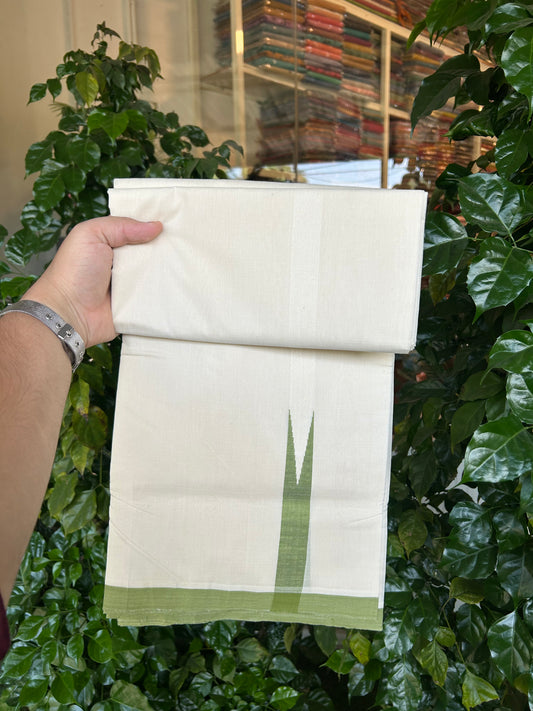 25% Discount!! KaithariKada Handloom Unakkupaav - Kerala Handloom - 100% Pure Cotton Off White - (Unbleached) Double Mundu/Dothi - 100x80 - 1 inch Puliyilakkara Green Chutty Kara 4 mtr (8.5 muzham) - 48 KK5353 REA