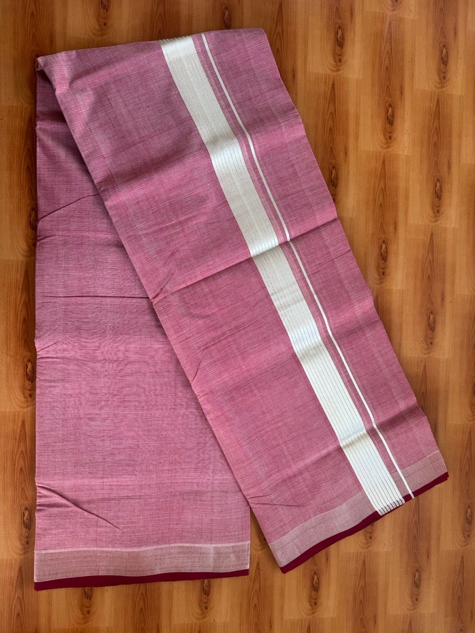 Double Mundu/Dhoti - KaithariKada Handloom Unakkupaav - 25% Discount! Kerala Handloom - Pure Cotton - 100x80 - Maroon Shaded Colour Body - 1.5 inch Silver Kasav Striped Kara - 11 KK5503 SOM