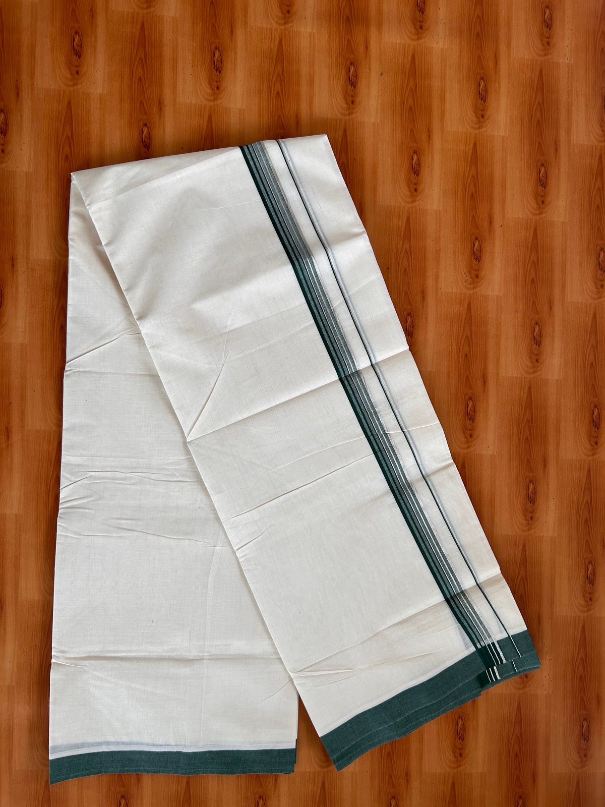 Double Off White (Unbleached) Mundu/Dhoti - 20% Discount! Kaitharikada 100% Pure Cotton - 100x80 - 1 inch Silver Kasav & Dark Green striped shaded Kara 4 mtr (8.5 muzham) - 12 KK5540 PMC
