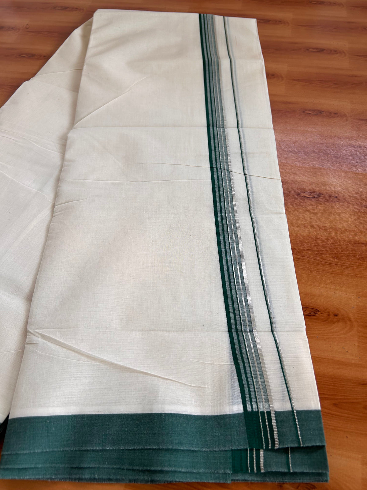 Double Off White (Unbleached) Mundu/Dhoti - 20% Discount! Kaitharikada 100% Pure Cotton - 100x80 - 1 inch Silver Kasav & Dark Green striped shaded Kara 4 mtr (8.5 muzham) - 12 KK5540 PMC