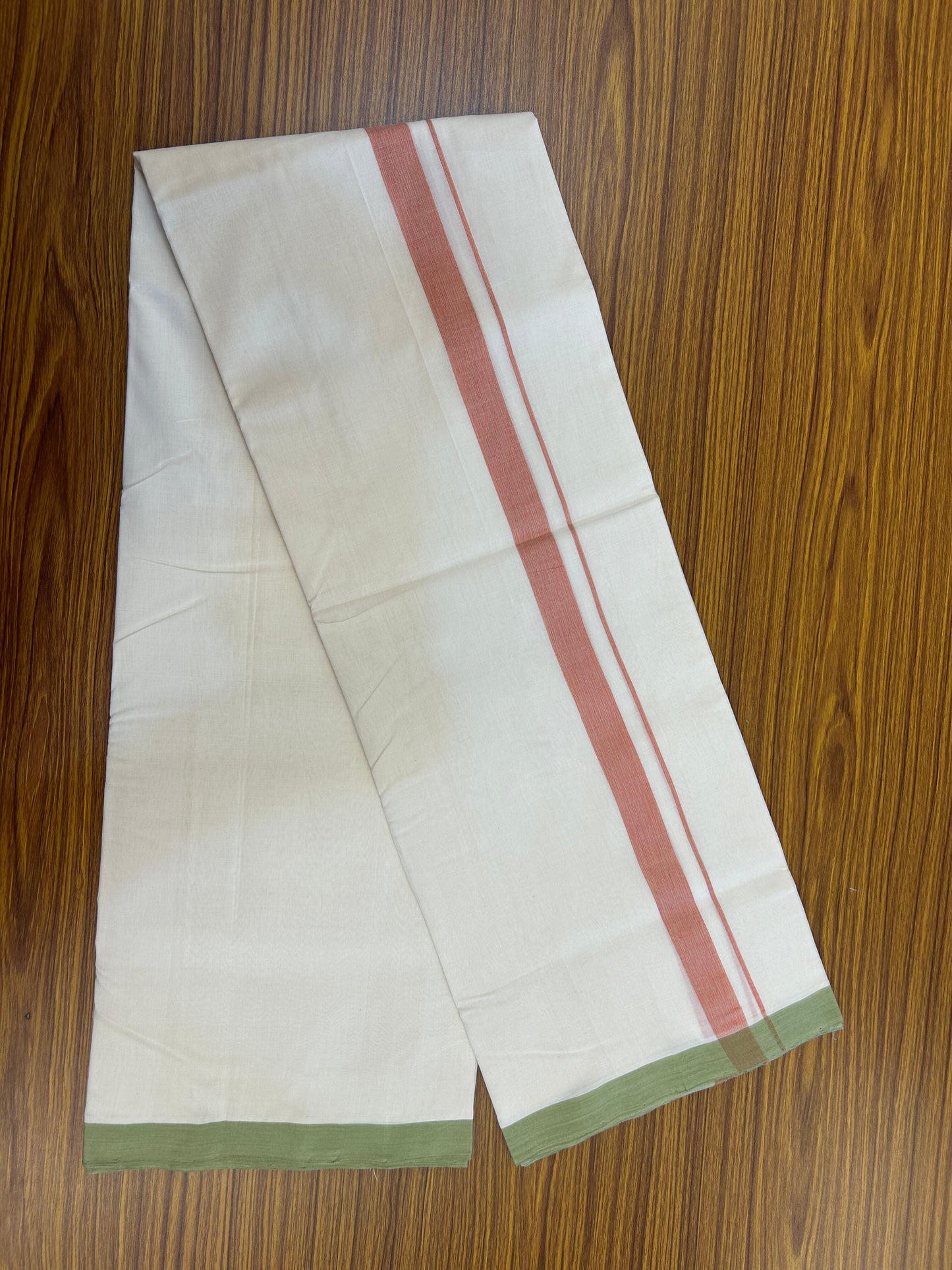 25% Discount!! KaithariKada Handloom Unakkupaav - Kerala Handloom - 100% Pure Cotton Off White (Unbleached) Double Mundu/Dothi - 100x80 - 1 inch Parrot Green & Orange shaded Kara 3.80 mtr (8 muzham) - 30 KK5353 REA