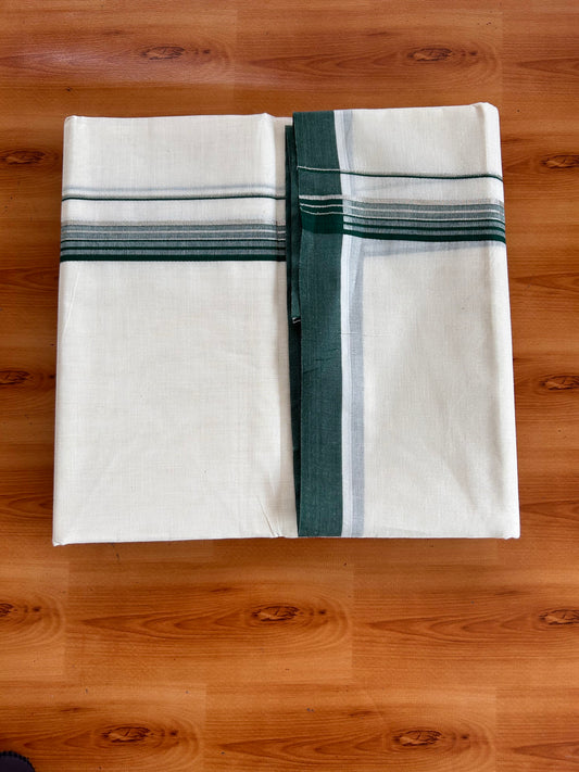 Double Off White (Unbleached) Mundu/Dhoti - 20% Discount! Kaitharikada 100% Pure Cotton - 100x80 - 1 inch Silver Kasav & Dark Green striped shaded Kara 4 mtr (8.5 muzham) - 12 KK5540 PMC